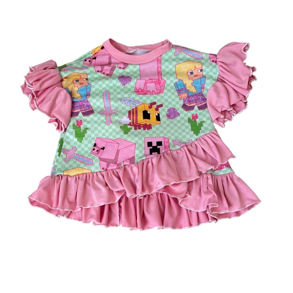 Handmade Video Game Ruffle Top Girls Pink Green Pixelated SIZE 6-9 Months